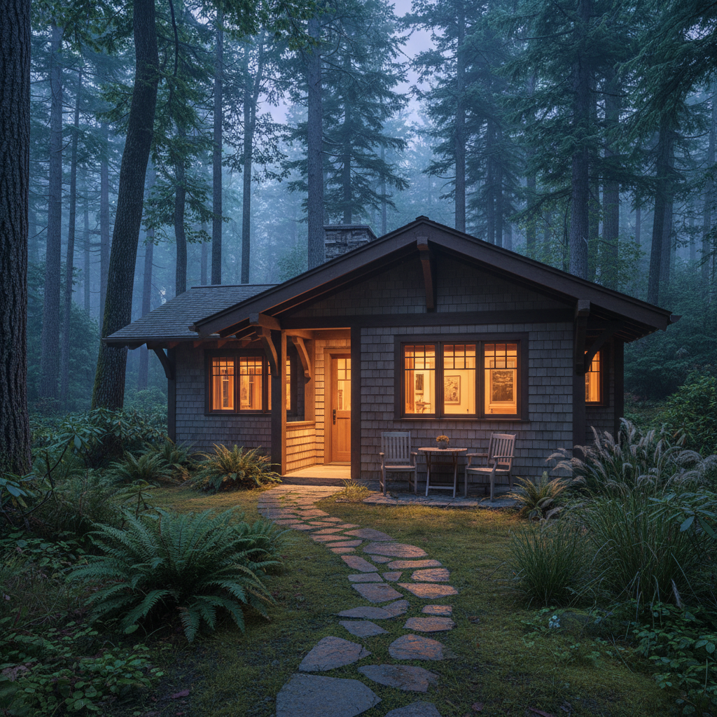 A Craftsman-style guest cottage nestled in a wooded setting, designed as a sophisticated travel retreat. The exterior features natural cedar shingles weathered to a silvery tone, exposed beams, and a low-pitched gabled roof. A narrow stone path winds past native plantings to a small covered porch with simple, slat-back wooden chairs. Soft, diffused twilight envelops the scene, with warm light emanating from within the cottage, glowing through divided-light windows and illuminating the porch. Photographic realism, composed at a slightly low angle to emphasize the roofline and surrounding trees, with a shallow mist in the background. The mood is intimate, secluded, and quietly luxurious, perfect for a Craftsman architecture travel guide.