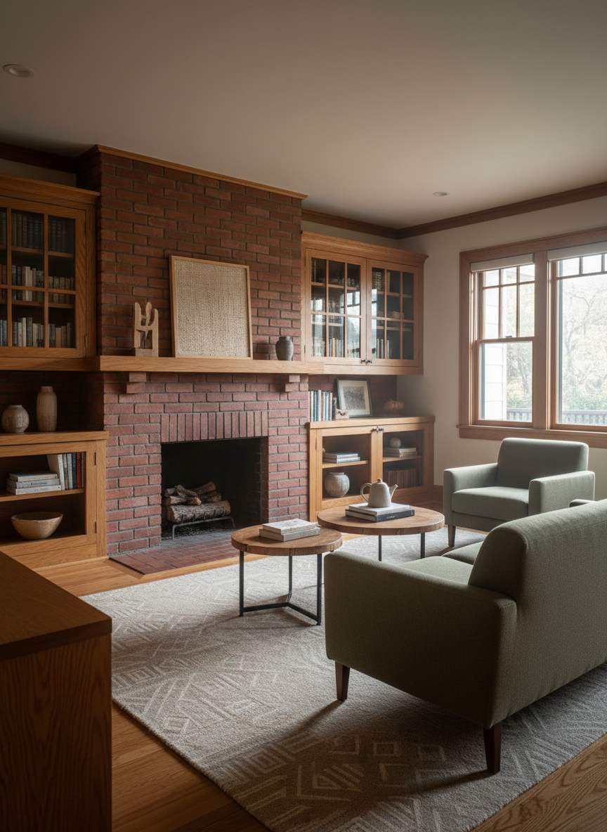 An elegant Craftsman living room interior featuring original quarter-sawn oak built-ins with glass-front bookcases, a substantial brick fireplace with simple geometric mantel, and wide window casings. A neutral, hand-knotted wool rug anchors a low-profile, charcoal-gray sofa, while earth-toned pottery and a few curated art objects rest on the shelves. Soft, diffused morning light enters through double-hung windows, highlighting the grain of the woodwork and casting gentle shadows across the floor. Photographic realism, shot at eye level with a wide lens to capture the full room, slightly off-center composition. The atmosphere is warm, refined, and serene, celebrating historic craftsmanship with understated, modern decor.